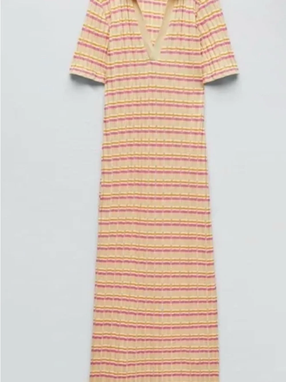 SOLD - Zara Ribbed Knit Striped Midi Dress Polo Collar Yellow Pink Size Small - Picture 7 of 8